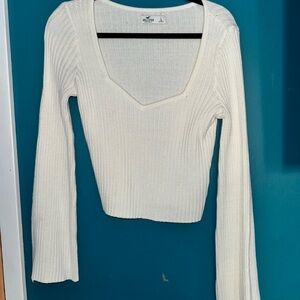 Women's White Ribbed Knit Top with Bell Sleeve
